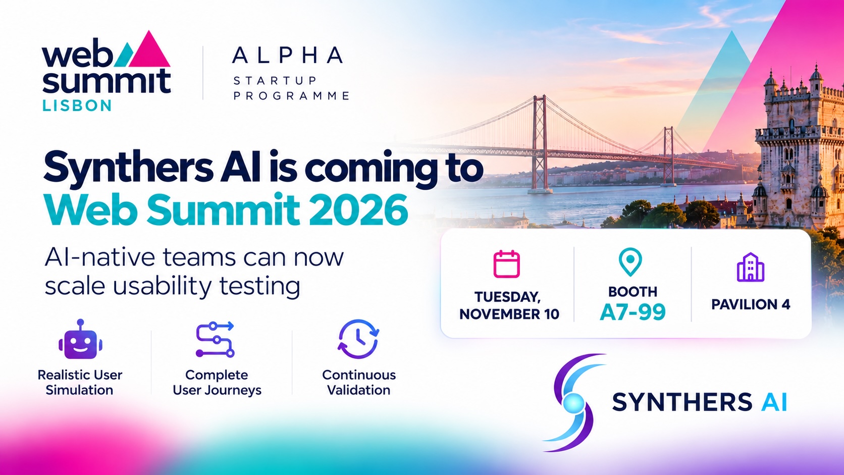 Synthers AI at Web Summit 2026 in Lisbon, with the event date and booth location